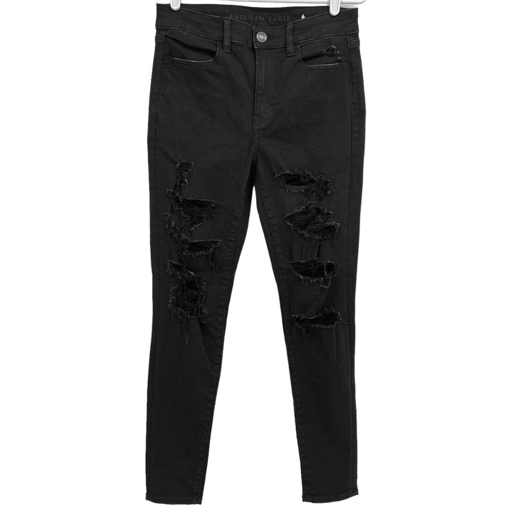 American Eagle Women's Next Level Stretch Distressed Black Skinny Jeans Size 8
